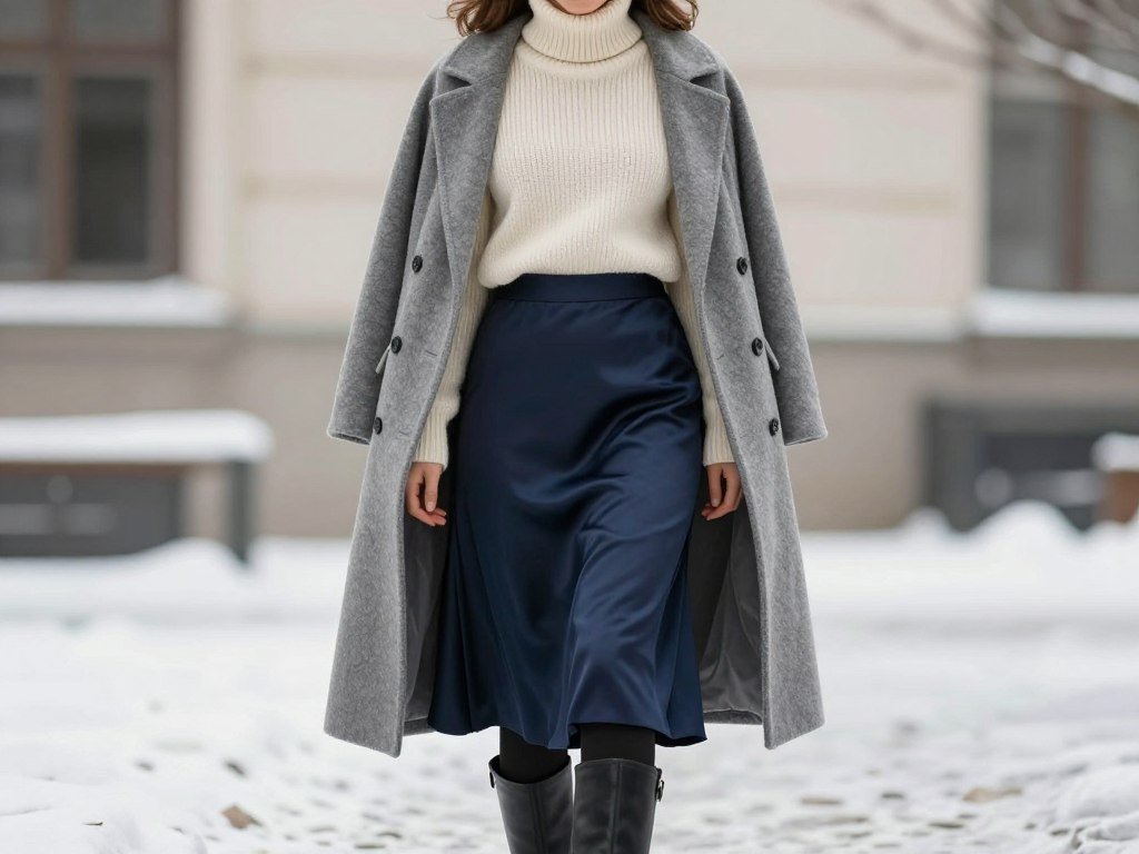 Winter outfit with navy satin skirt, chunky cream turtleneck, black tights and knee-high boots