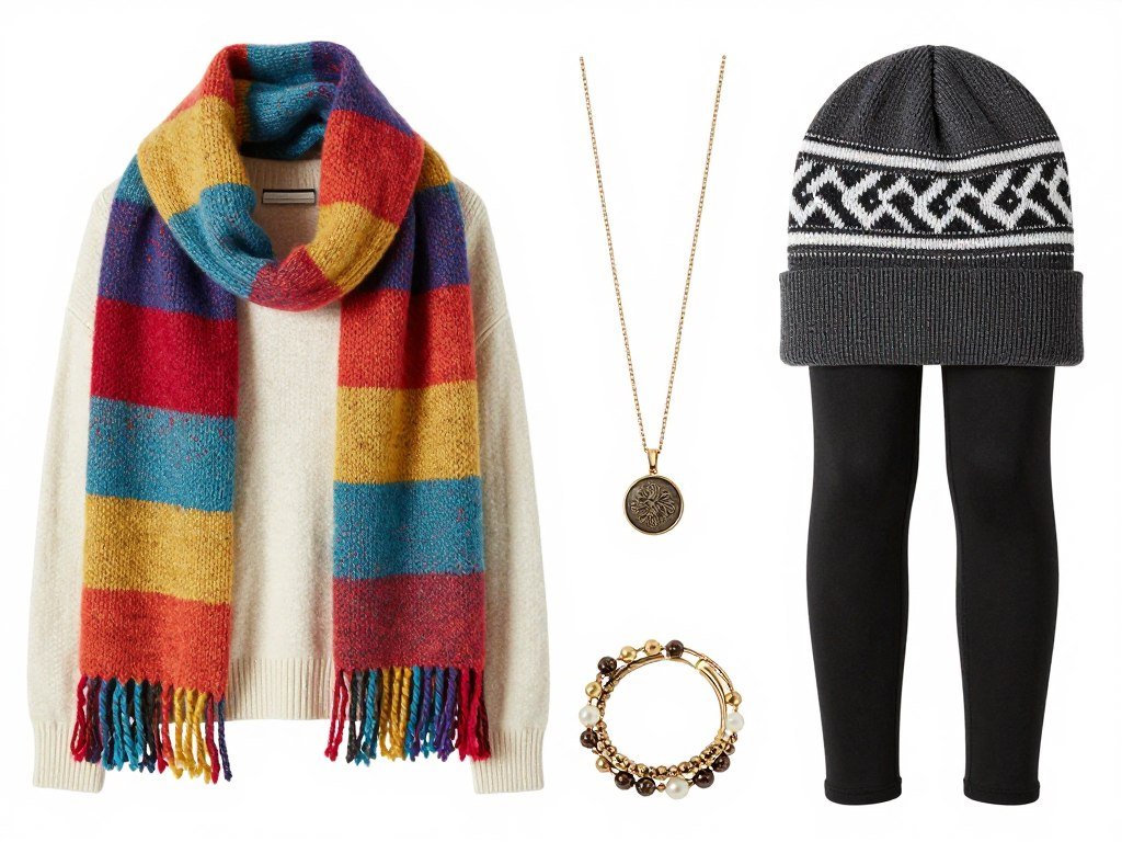 Winter school outfit accessories including scarves, jewelry, and hats to elevate leggings and sweater look