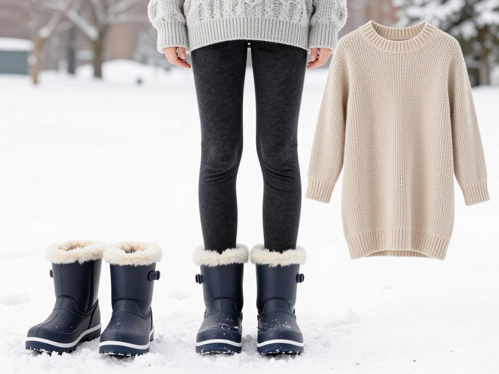 Winter school outfit featuring snow boots, leggings, and long sweater for snowy days
