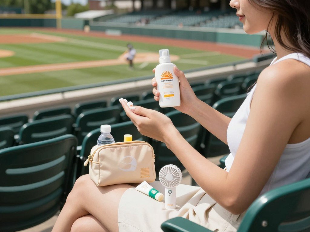 Woman applying sunscreen at baseball stadium