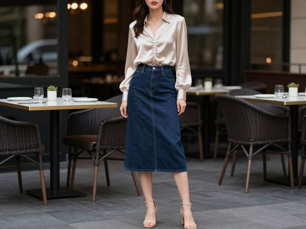 Woman at an outdoor restaurant wearing a dark wash midi denim skirt with a tucked-in silk blouse and strappy heels