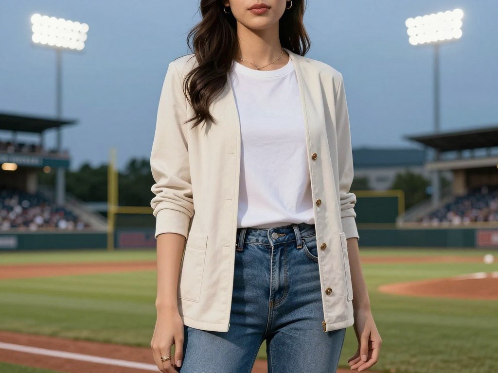 Woman at evening baseball game wearing layered outfit with light jacket