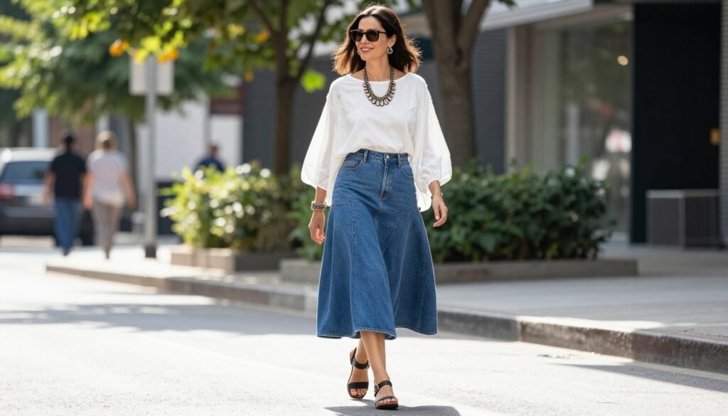 Woman confidently walking in a long jean skirt styled for summer with accessories and a flowing top