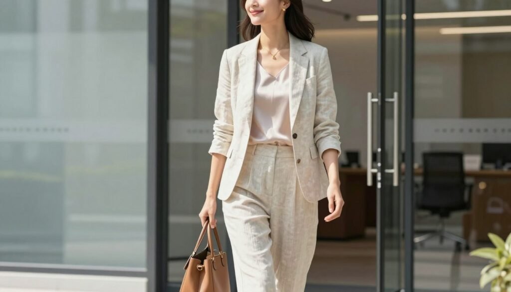 Woman confidently walking into an office building wearing a polished summer work outfit with a structured bag