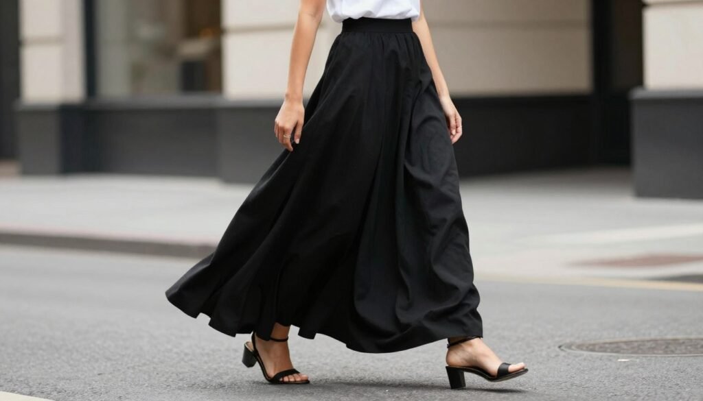 Woman confidently wearing a black maxi skirt outfit