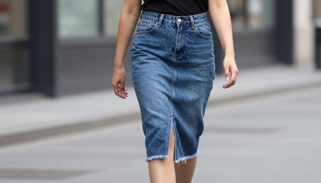 Woman confidently wearing a jean skirt styled in her unique personal fashion
