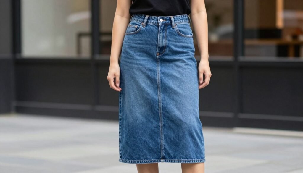 Woman confidently wearing a long jean skirt outfit, showcasing the versatility and timeless appeal of this wardrobe staple