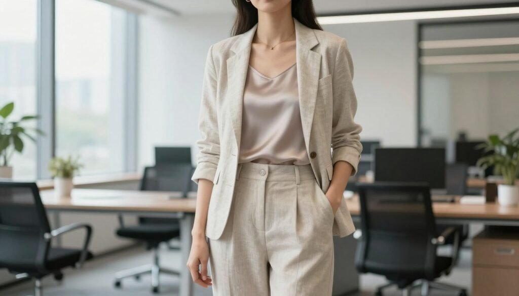 Woman confidently wearing a polished casual summer work outfit in an office setting