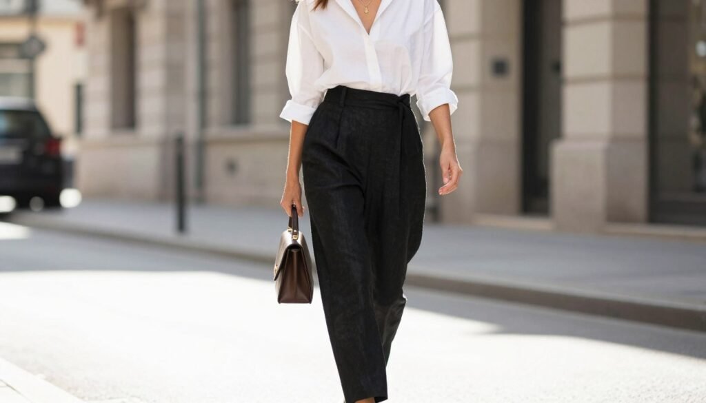 Woman confidently wearing a stylish black linen pants outfit walking down a street, embodying the versatile elegance of this wardrobe staple