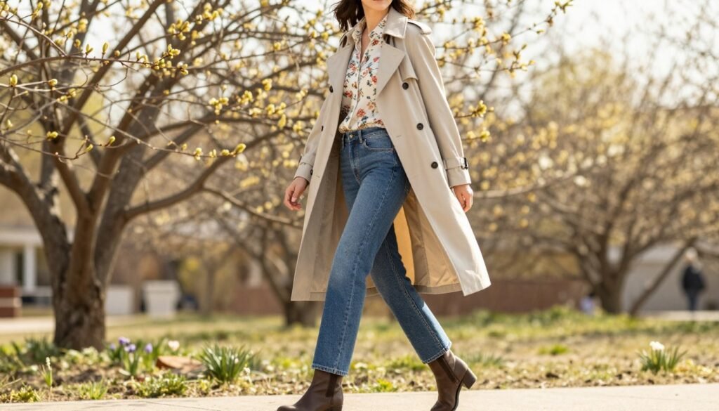 Woman confidently wearing a stylish early spring outfit outdoors