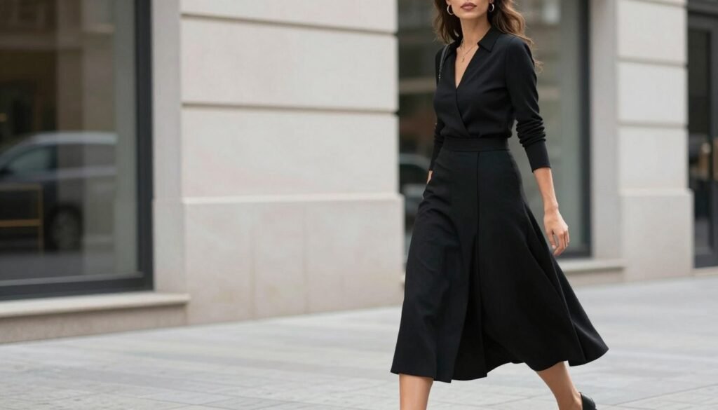 Woman confidently wearing a stylish long black skirt outfit