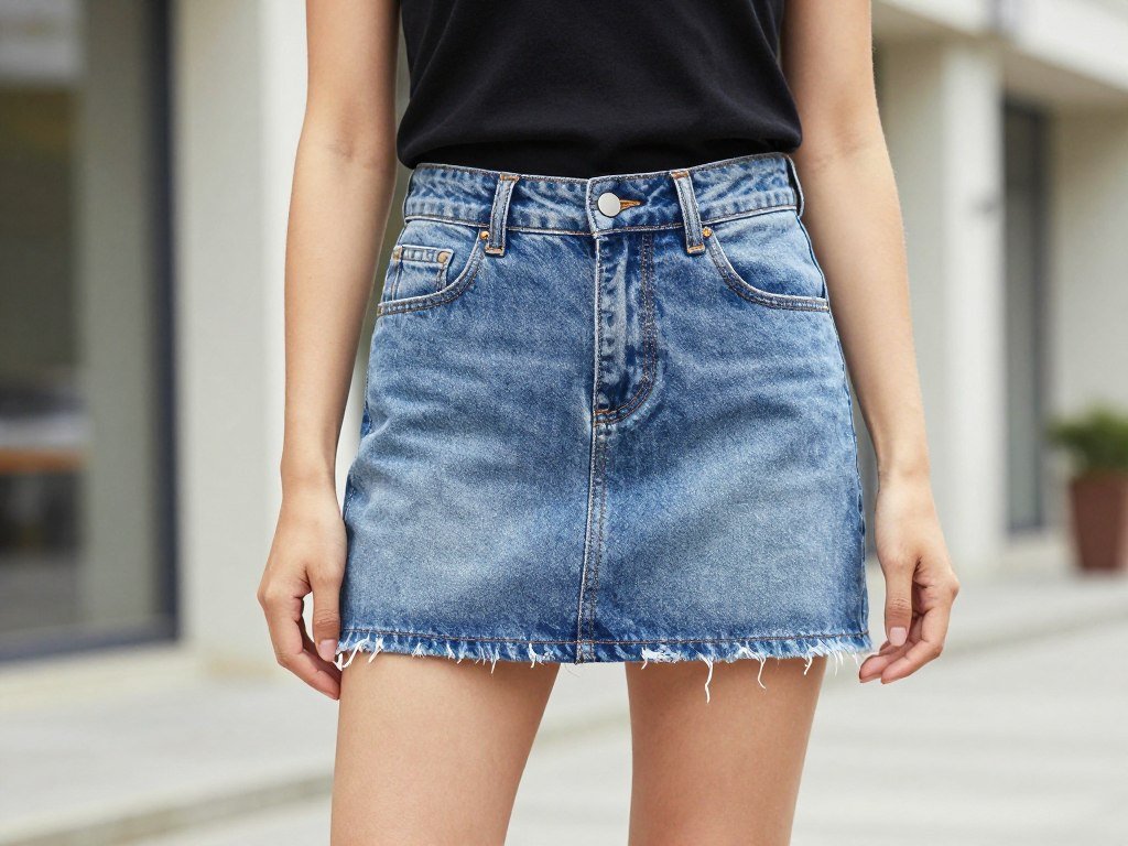 Woman confidently wearing denim mini skirt styled in a personal, unique way