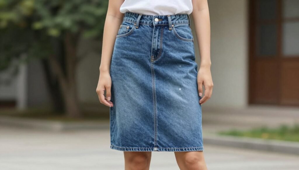Woman confidently wearing personalized denim skirt outfit that reflects her unique style