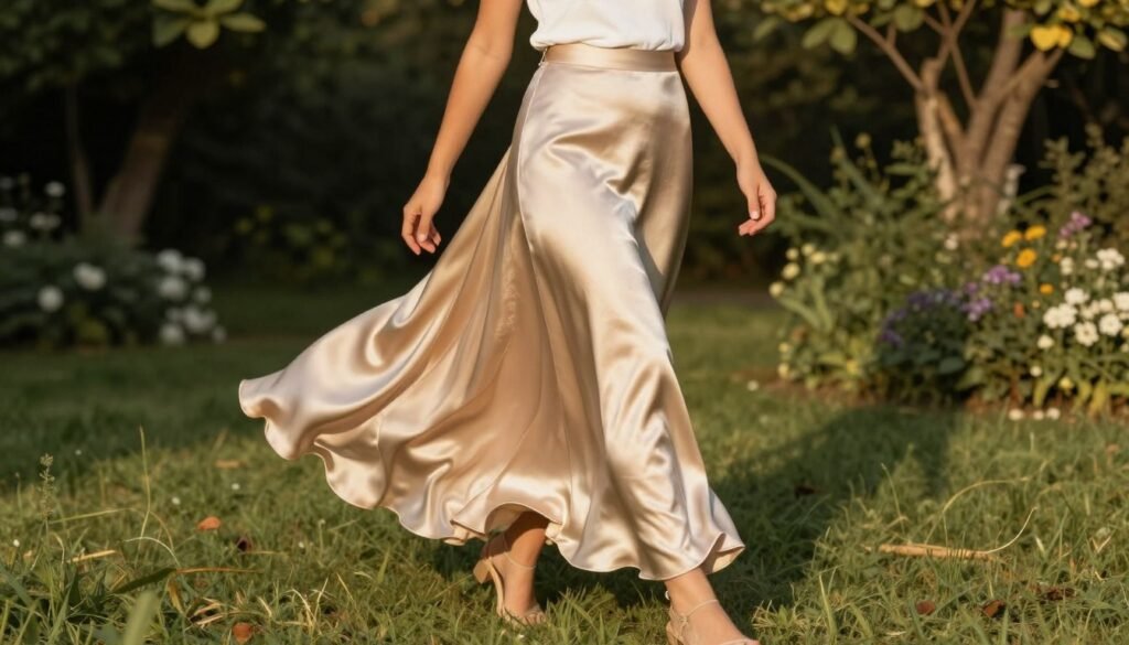 Woman confidently wearing satin skirt outfit in summer setting