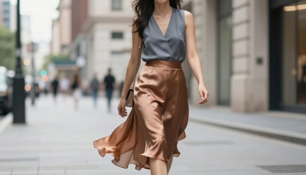 Woman confidently wearing silk skirt outfit walking down city street