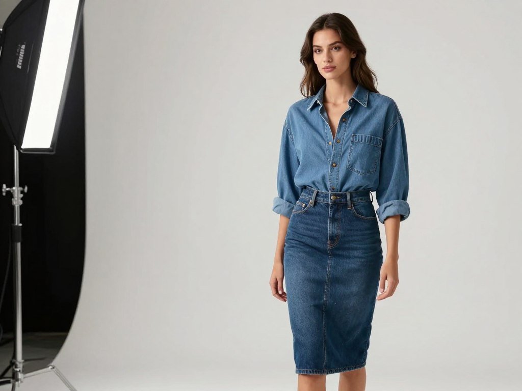 Woman demonstrating balanced proportions in a denim skirt outfit with an oversized top and fitted skirt