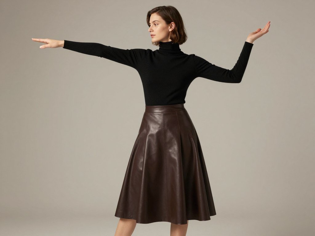 Woman demonstrating balanced proportions with a fitted top and A-line leather skirt