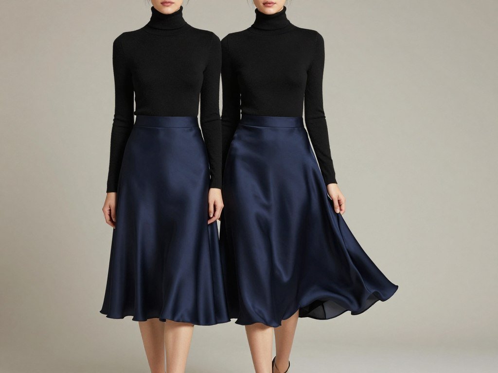 Woman demonstrating balanced proportions with a fitted turtleneck tucked into a flowing satin midi skirt