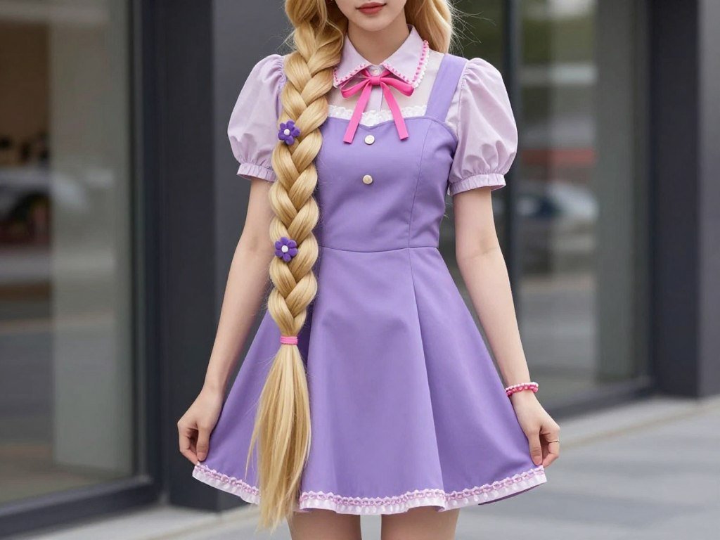 Woman demonstrating color blocking technique with Rapunzel inspired purple and pink outfit