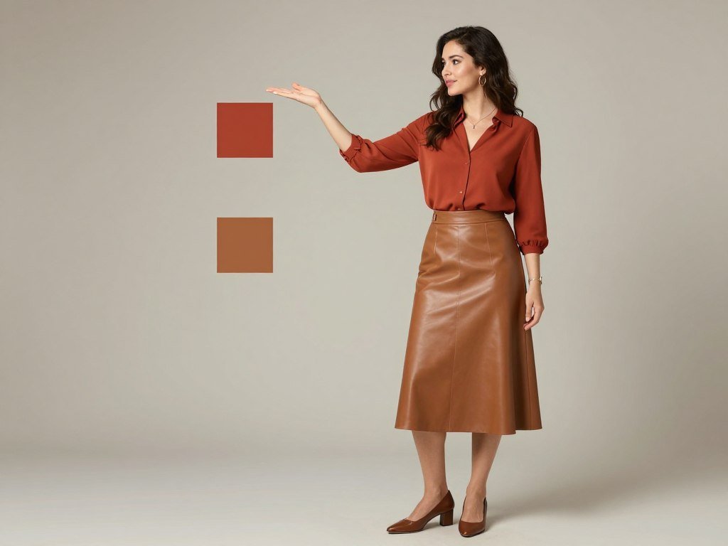 Woman demonstrating color coordination with a camel leather skirt and complementary earth tones