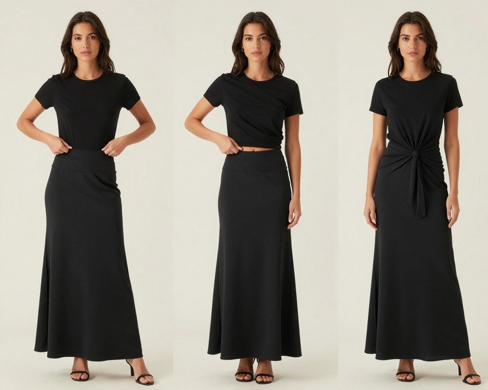 Woman demonstrating different tucking techniques with a maxi skirt