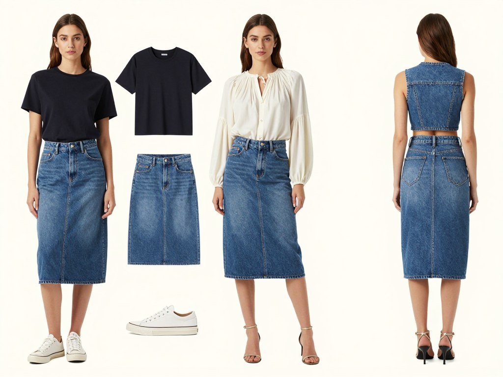 Woman demonstrating different ways to style a jean skirt for summer with various tops and accessories