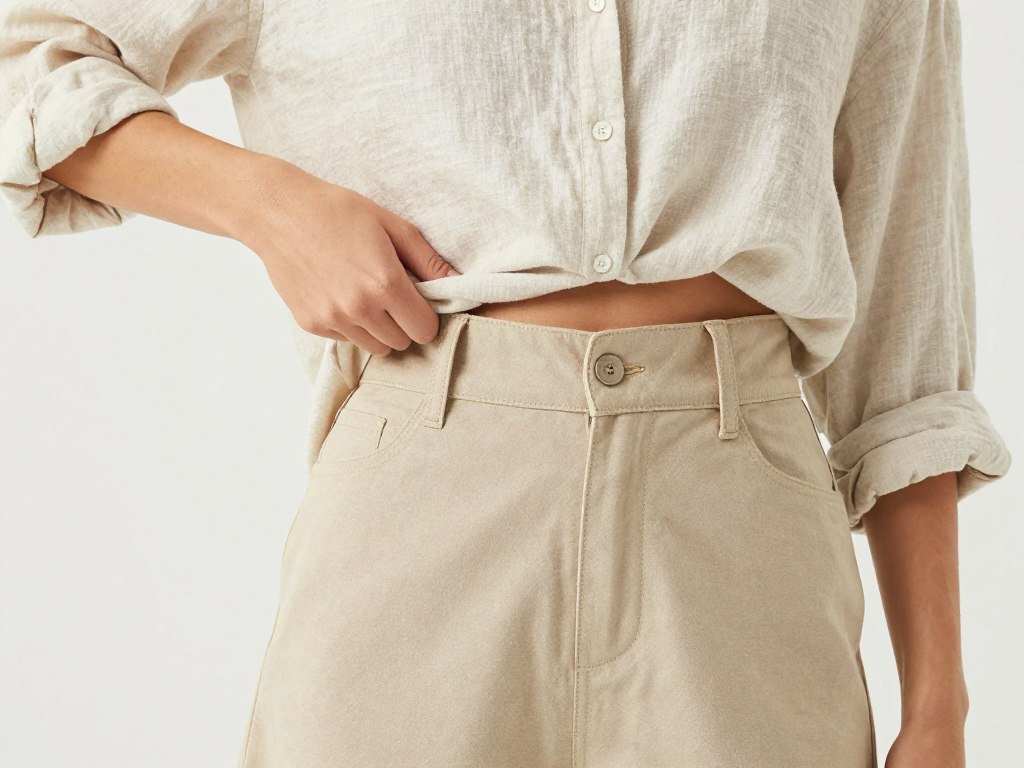 Woman demonstrating front tuck styling technique for summer outfits