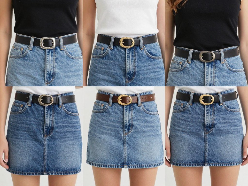 Woman demonstrating how different belts transform denim skirt outfits