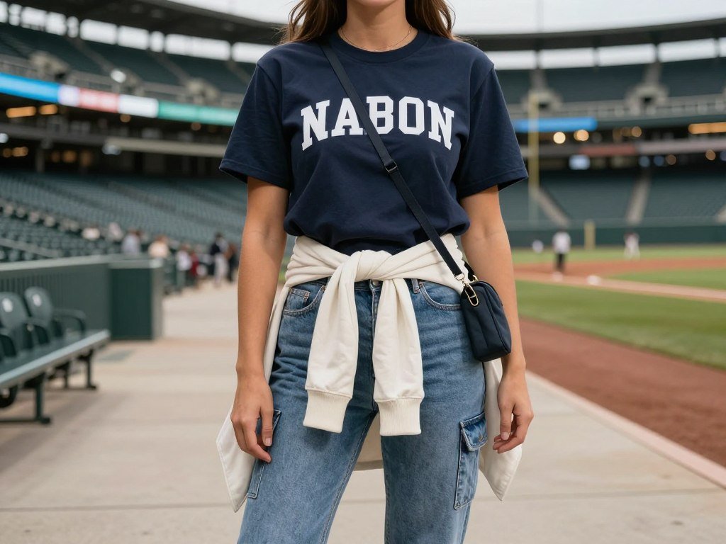 Woman demonstrating layering technique with casual baseball game outfit