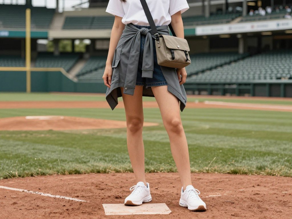 Woman demonstrating layering techniques for a cute baseball game outfit with a jacket tied around her waist