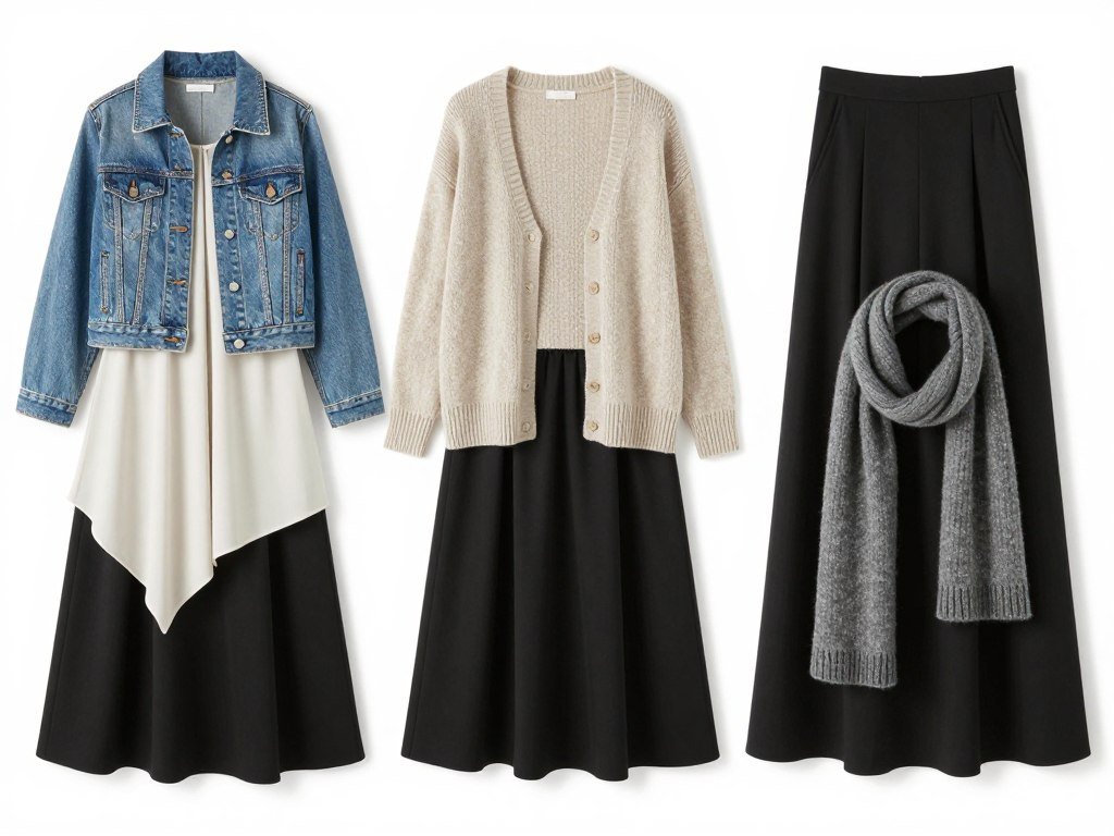 Woman demonstrating layering techniques with black maxi skirt