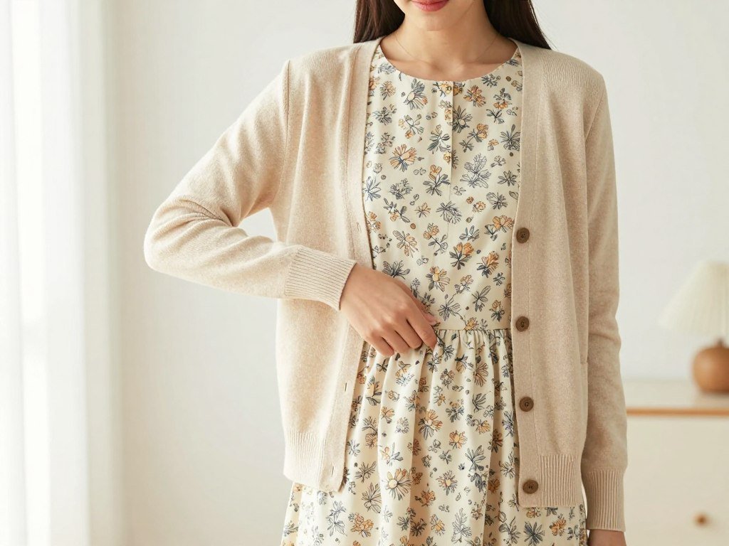 Woman demonstrating perfect spring layering with a cardigan over a light dress