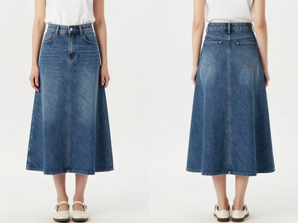 Woman demonstrating proportional balance with a long jean skirt outfit