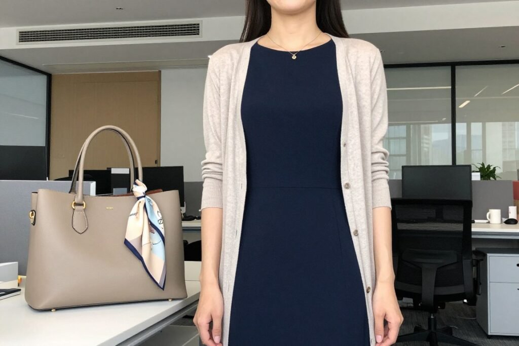Woman demonstrating smart layering with a lightweight cardigan over a sleeveless dress for a casual summer work outfit