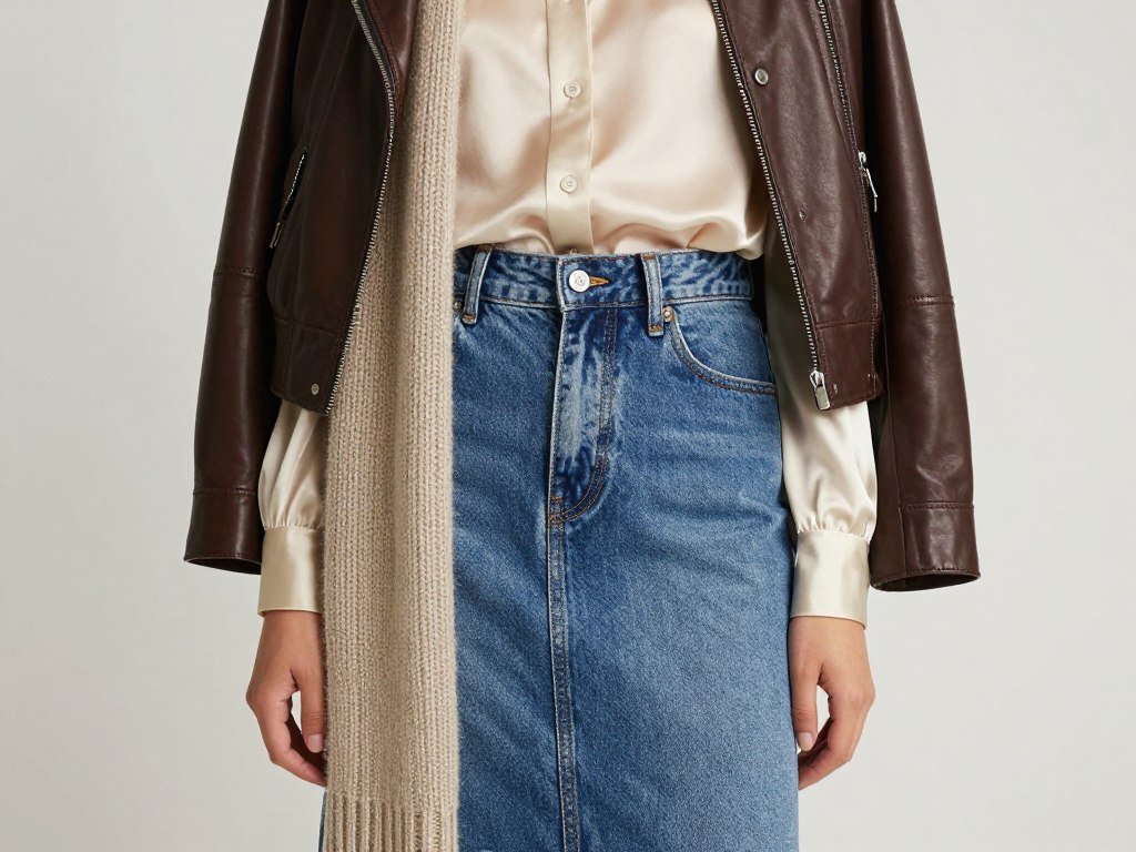Woman demonstrating texture mixing in a denim skirt outfit with silk, leather and knit elements