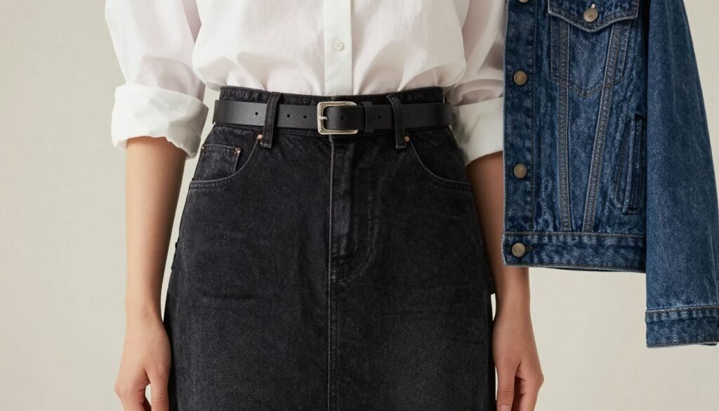 Woman demonstrating tucked shirt with black denim skirt and third piece jacket