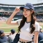 Woman enjoying a summer baseball game in comfortable, stylish outfit with sun protection