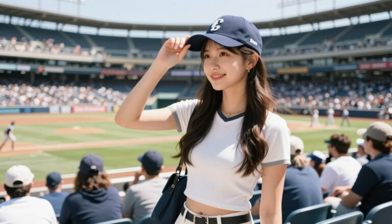 Woman enjoying a summer baseball game in comfortable, stylish outfit with sun protection