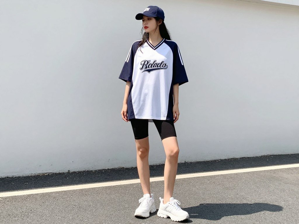 Woman in 90s sporty outfit with oversized jersey, cycling shorts and chunky sneakers