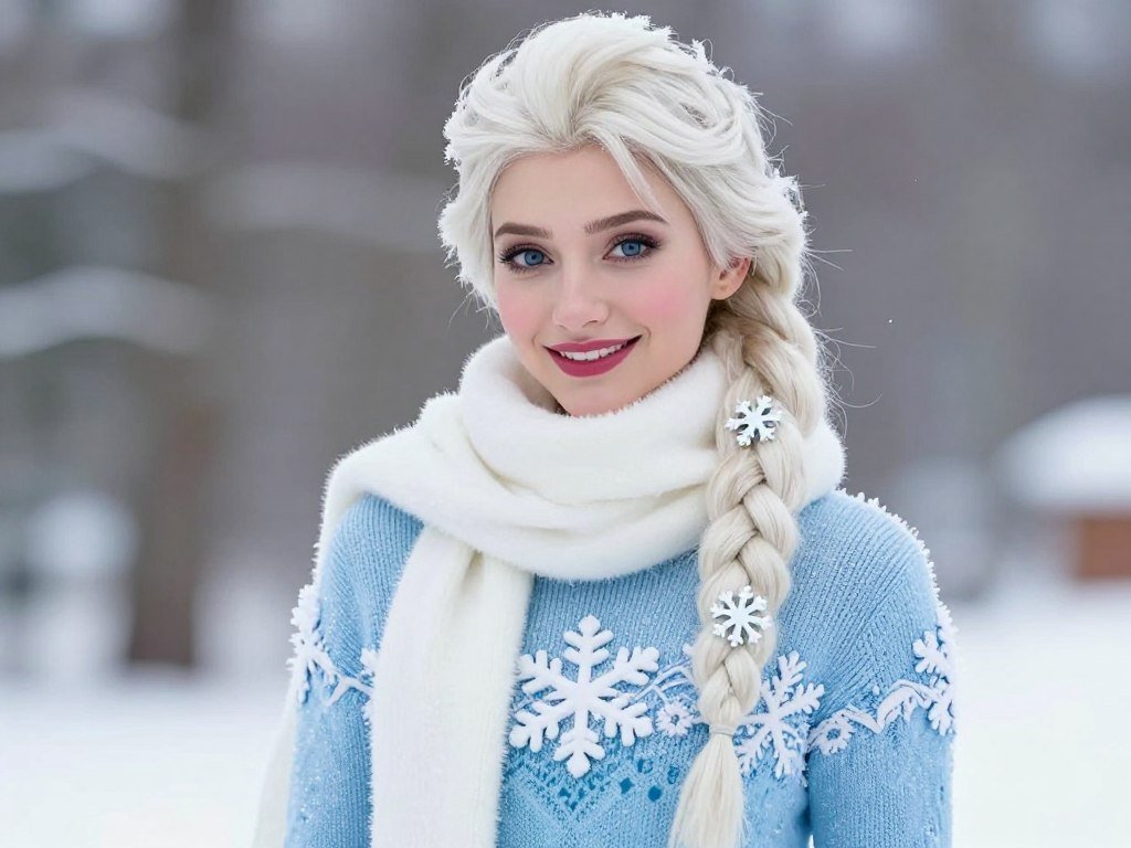 Woman in Elsa-inspired winter outfit with light blue sweater and snowflake accessories