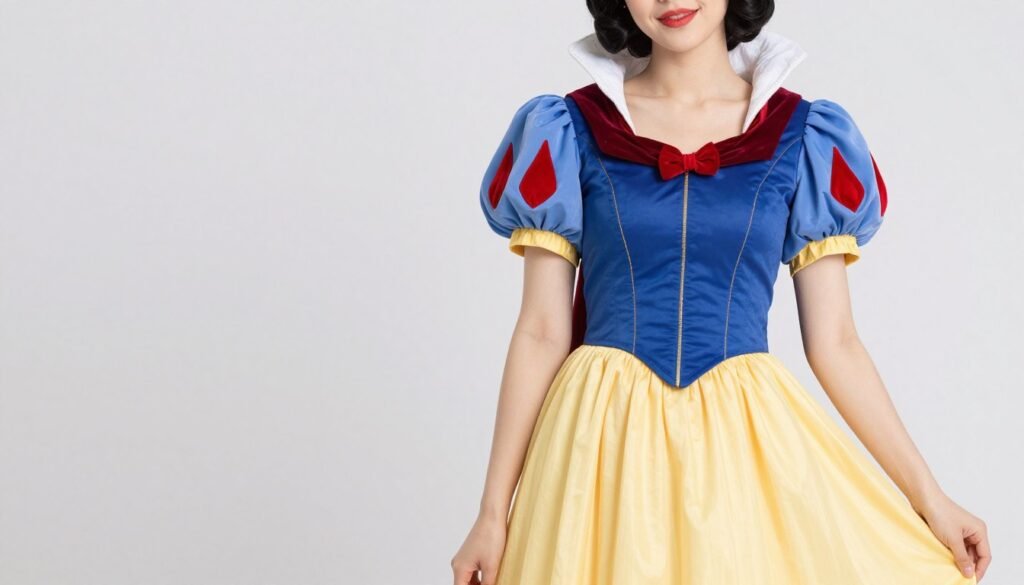 Woman in Snow White inspired Disneybound outfit with blue top, yellow skirt and red accessories