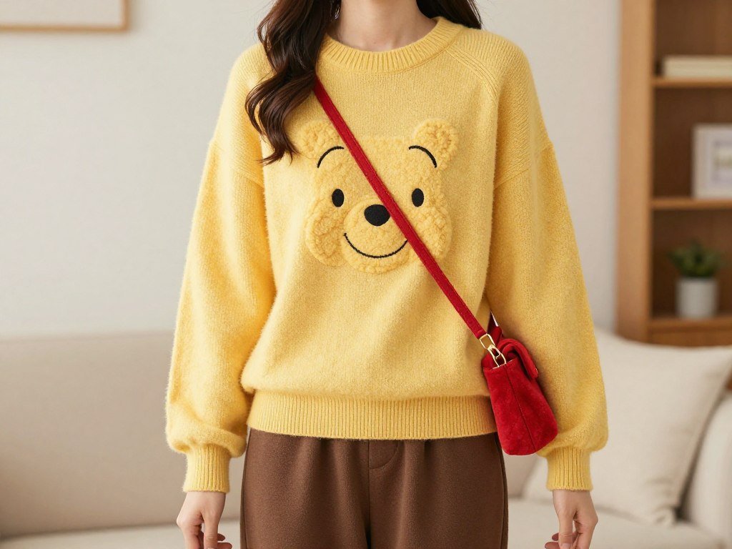Woman in Winnie the Pooh inspired outfit with yellow sweater and red accessories