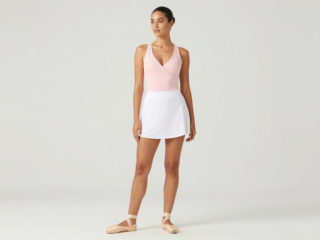 Woman in a balletcore-inspired tennis skirt outfit with wrap top and ballet flats