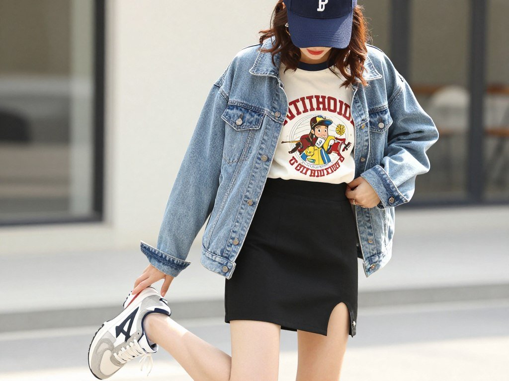 Woman in a black mini skirt with a graphic tee and retro sneakers for a sporty chic outfit