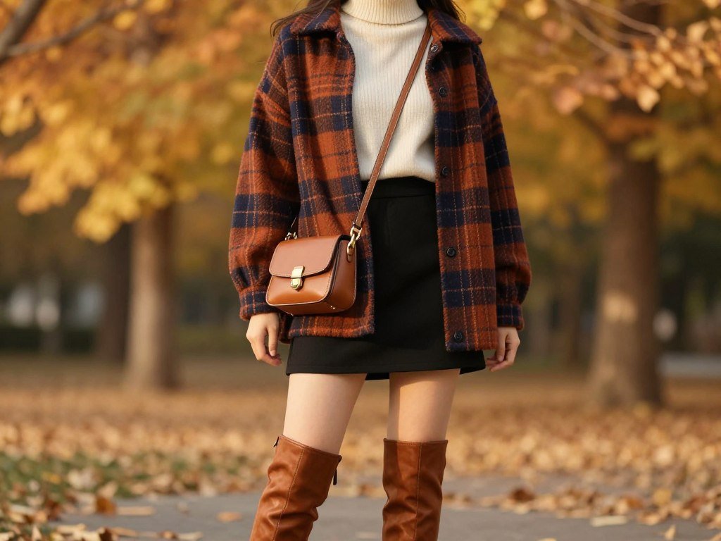 Woman in a black mini skirt with a turtleneck, plaid shacket and knee-high boots for fall