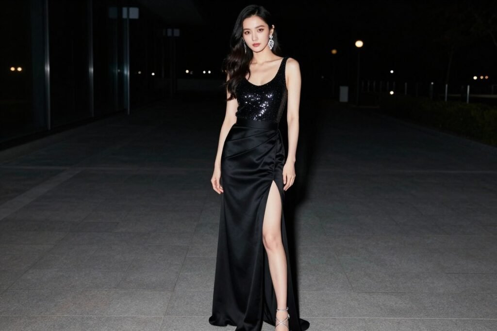 Woman in a black satin maxi skirt with a sequined top and strappy heels at an evening event