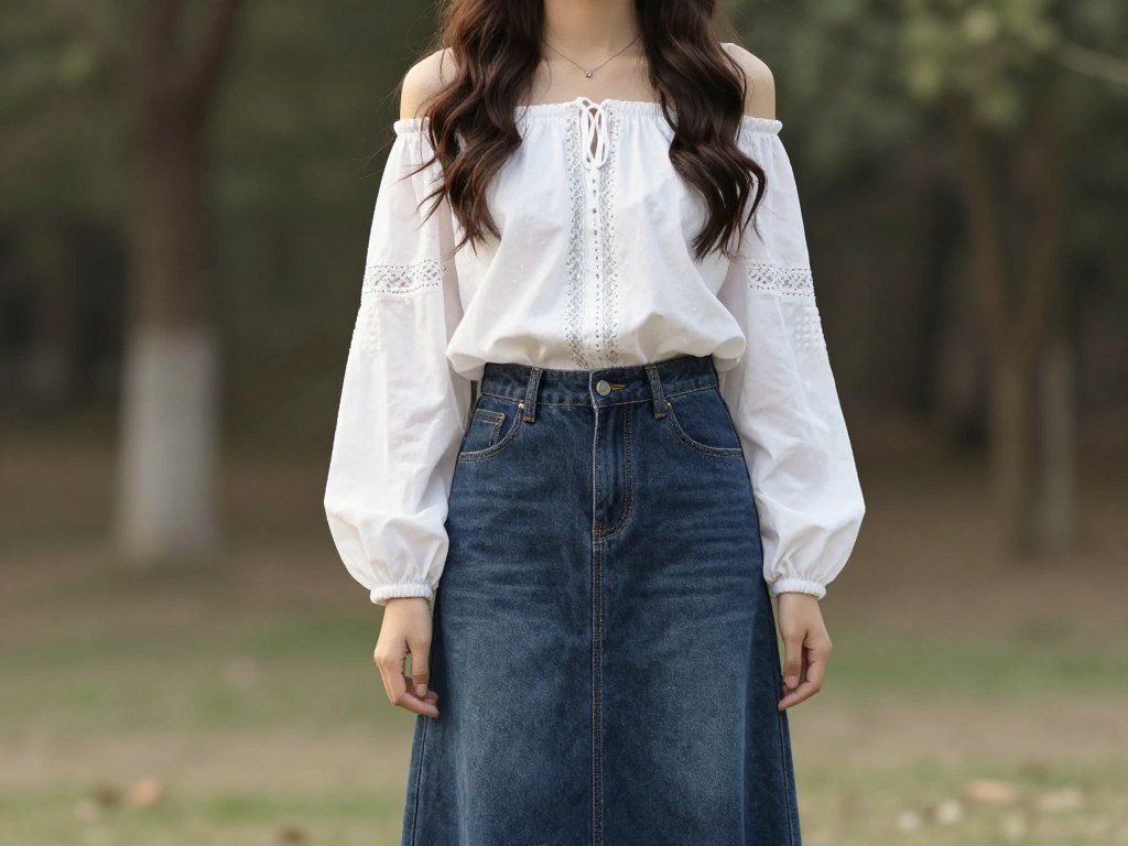 Woman in a boho outfit with long jean skirt and peasant blouse