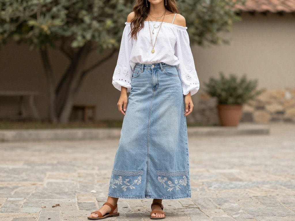 Woman in a boho-style outfit featuring a maxi jean skirt with embroidery details, paired with a loose white peasant top and layered necklaces