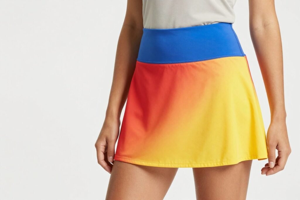Woman in a bright colored tennis skirt outfit with neutral top and accessories