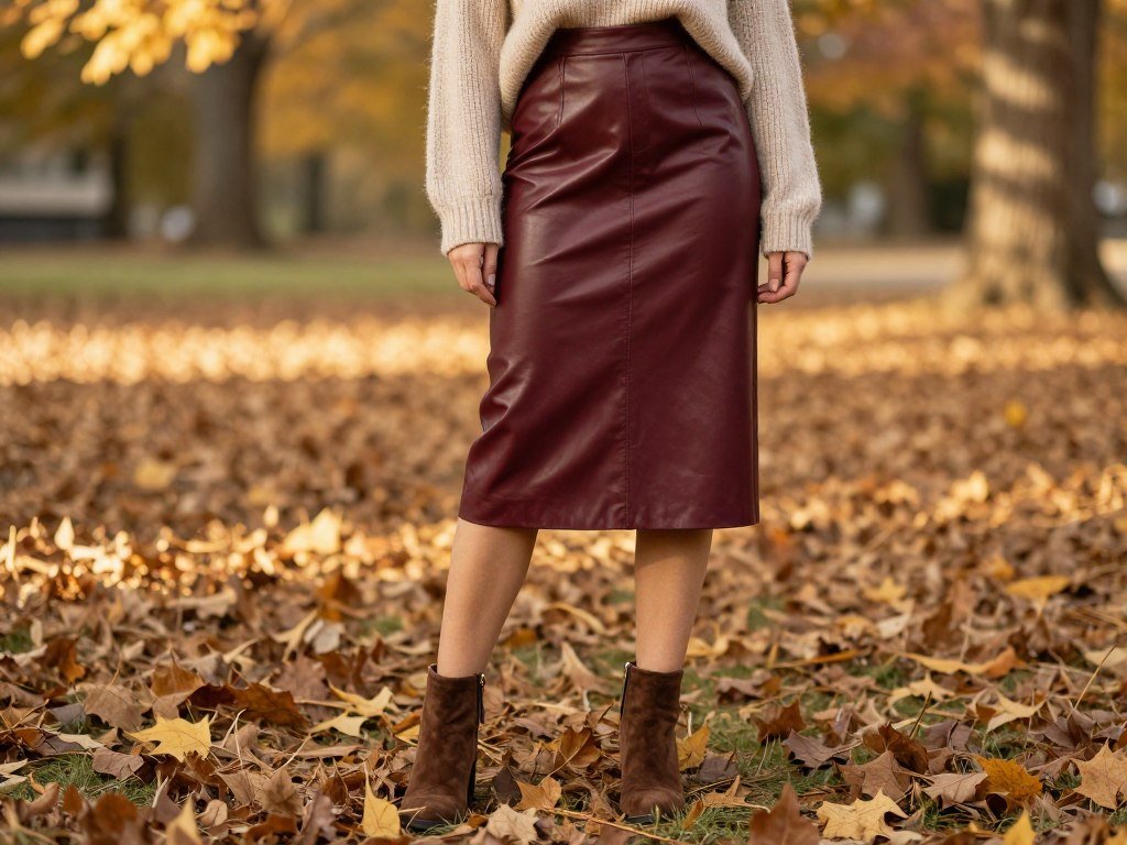Woman in a burgundy leather skirt with a chunky sweater and ankle boots for fall